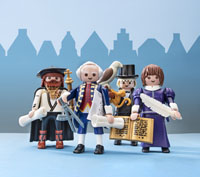 Vier Playmobil-Figuren stellen die historischen Persönlichkeiten Jan van Leiden, Johann Conrad Schlaun, Hermann Landois und Annette von Droste Hülshoff dar.