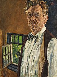 Gemaltes Selbstporträt des Künstlers vor einem geöffneten Fenster.