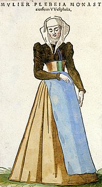 Kolorierter Hozschnitt einer Bürgersfrau aus Münster in damals üblicher Tracht.
