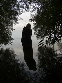 Der Betrachter steht am Rande eins Sees und blickt auf eine schattenhafte Gestalt im Wasser unter überhängenden Zweigen, deren Silhouette sich in der Wasserobefläche spiegelt.
