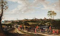 Das Gemälde zeigt die Stadtansicht Münsters aus der Zeit um 1645 mit der Kutsche des holländischen Abgesandten Adriaen Pauw vor den Stadttoren.