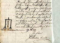 Foto eines Randvermerks im Ratsprotokoll von 1797 mit einem Galgen