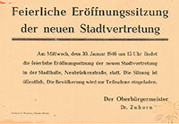 Plakat mit der Einladung des Oberbürgermeisters Karl Zuhorn zur Eröffnungssitzung der ersten demokratisch gewählten Stadtvertretung