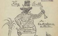 Die rassisitische Illustration von 1866 zum Theaterstückt zeigt einen fast nackten schwarzen Mann mit hohem Hut, der einen Knochen in der Hand hält. Auf seinem Bauch steht: 'Hier ruht meine liebe Frau Wanda'.