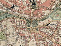 Stadtplan von 1903 mit der früheren Gestaltung des Ludgeriplatzes als Grünlage mit dem Kriegerdenkmal im oberen Teil (Abbildung: Stadtarchiv) Ausschnitt aus dem Stadtplan von 1903 mit der Gestaltung des Ludgeriplatzes als Grünanlage. In der Mitte ein Punkt anstelle des Kriegerdenkmals.