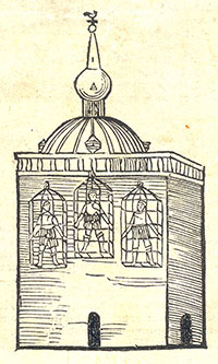 Die historische Zeichnung zeigt die drei Täuferführer van Leiden, Knipperdolling und Krechting in den eisernen Körben an St. Lamberti