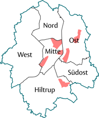 Übersicht der sechs Stadtbezirke in Münster. Nach dem Klick wird eine detaillierte Karte von Münster angezeigt, in der die altengerechten Quartiere farbig dargestellt sind.