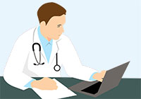 Illustration: Arzt vor einem Laptop