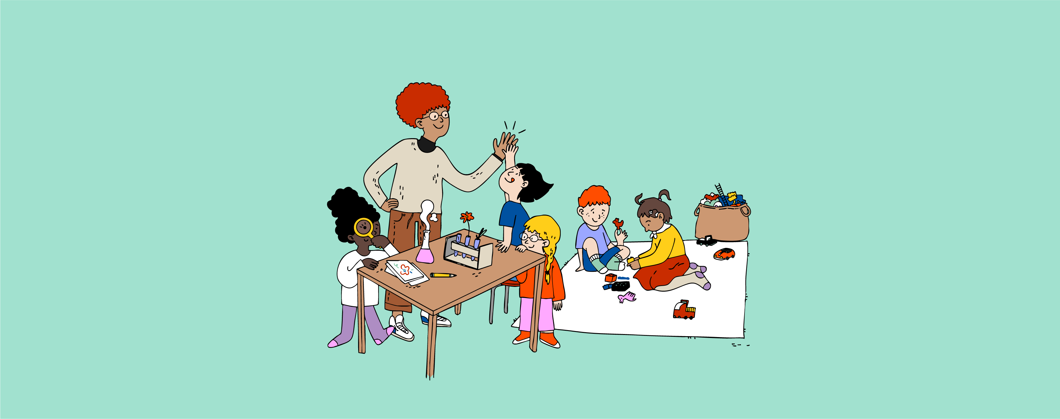 Illustration: Fachkraft mit Kindern