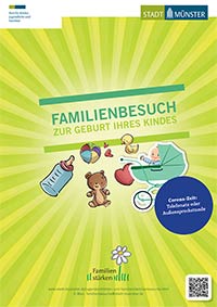 Poster mit Kinderwagen, Fläschchen, Babyspielzeug und Schriftzug 'Familienbesuch zur Geburt Ihres Kindes'