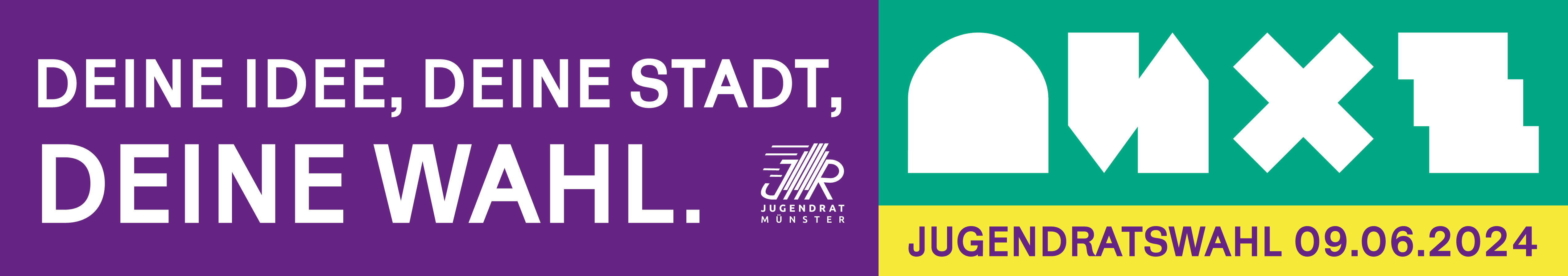 Banner zur Jugendratswahl 2024 mit dem Text: Deine Idee, deine Stadt, Deine Wahl.