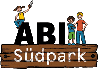 Signet: drei gezeichnete Kinder mit Werkzeugen auf dem Schriftzug 'ABI Südpark'
