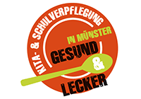 Grafik: Schriftzug 'Kita- und Schulverpflegung  in Münster - gesund & lecker' in Stempelform