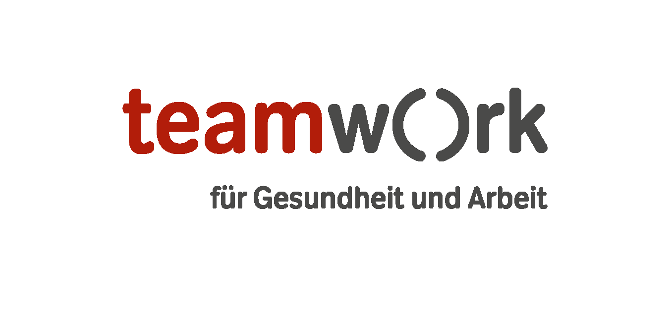 Schriftlogo des Programms Teamwork. Darunter der Zusatz „für Gesundheit und Arbeit“. 
