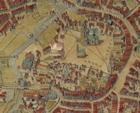 Die Abbildung ist ein Stadtplanausschnitt aus dem Jahr 1636, gekennzeichnet ist die Parzelle der ehemaligen Spiegelkammer.