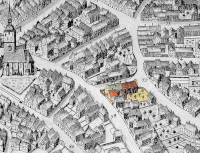 Die Parzelle Alter Steinweg 13/14 farbig gekennzeichnet auf dem Stadtplan des Everard Alerdinck