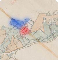 Im Plan aus dem Jahr 1819 sind die möglichen Standorte der mittelalterlichen Hofanlage Kump blau gekennzeichnet