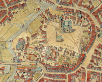 Ausschnitt aus dem Stadtplan von Everard Alerdinck aus dem Jahr 1636. Gekennzeichnet ist das Grundstück, auf dem ab 1664 die von Galensche Kurie errichtet wurde.