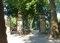 Eingang zu einem Friedhof mit hohen Bäumen