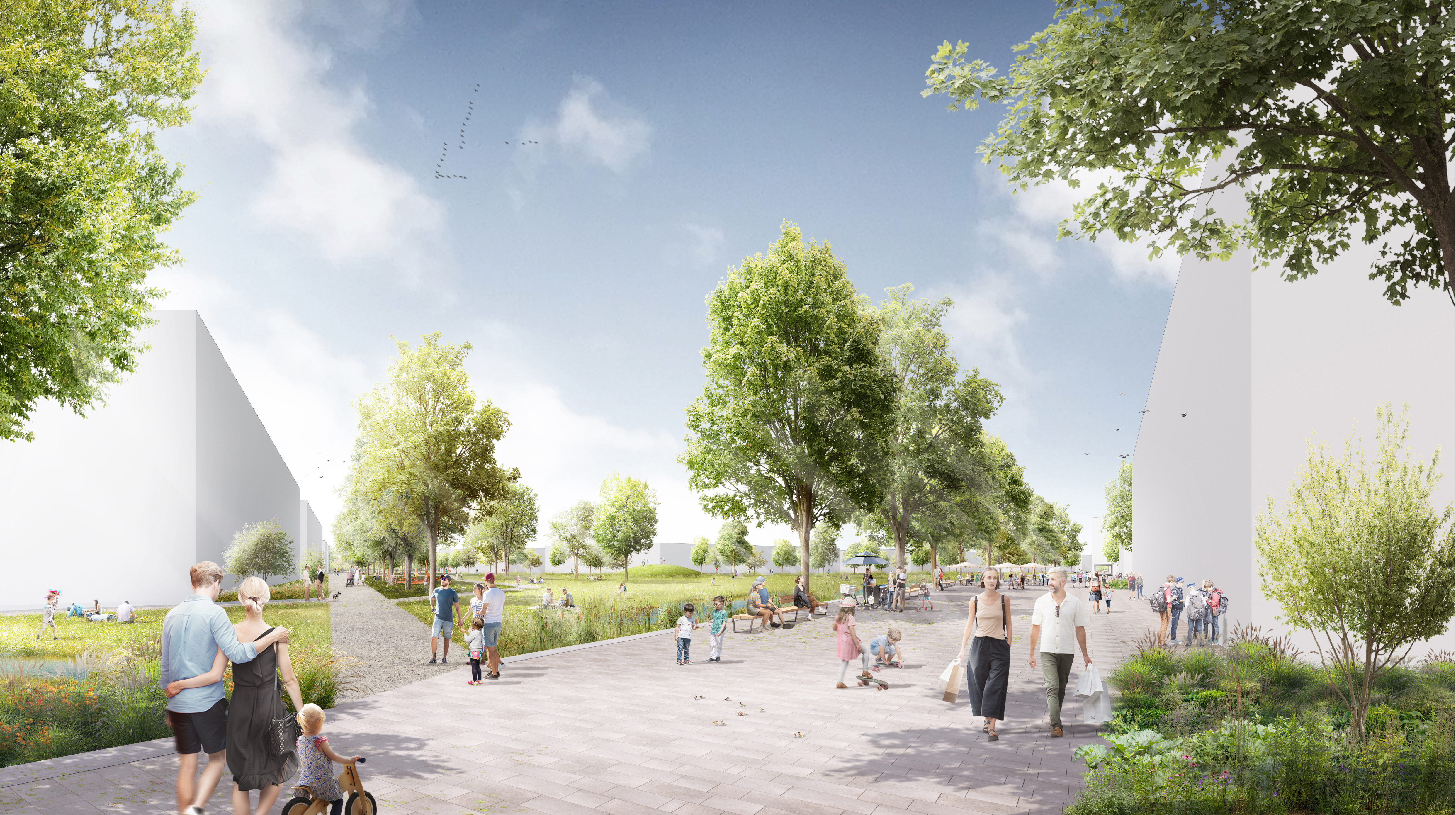 Fußgängerperspektive auf das geplante Quartier an der Steinfurter Straße