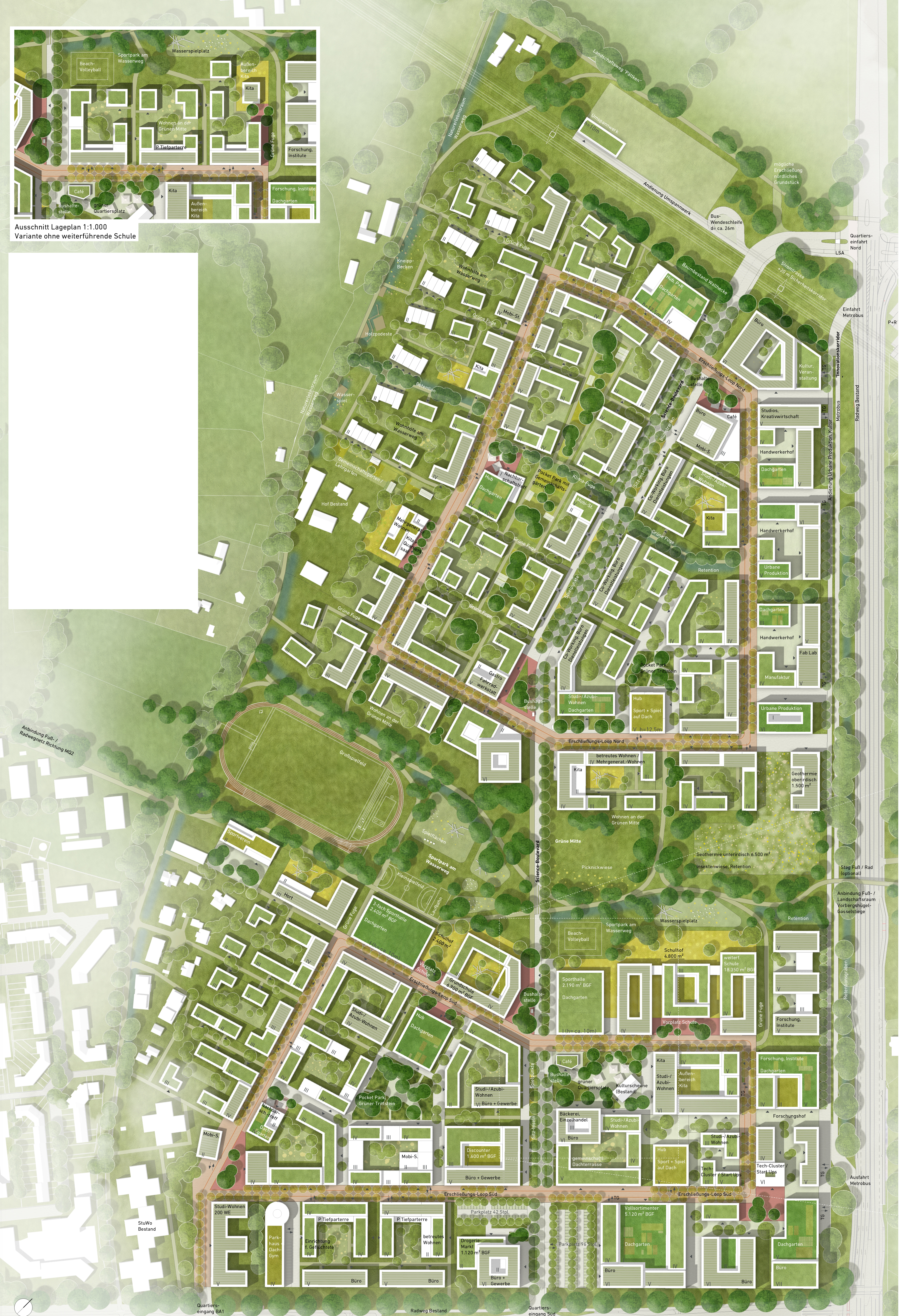 Lageplan des Entwurfs des Planungsteams aus raumwerk Gesellschaft für Architektur und Stadtplanung mbH (Düsseldorf), RMP Stephan Lenzen Landschaftsarchitekten (Köln) und Ingenieurbüro Angenvoort+Barth Partnerschaft (Krefeld)