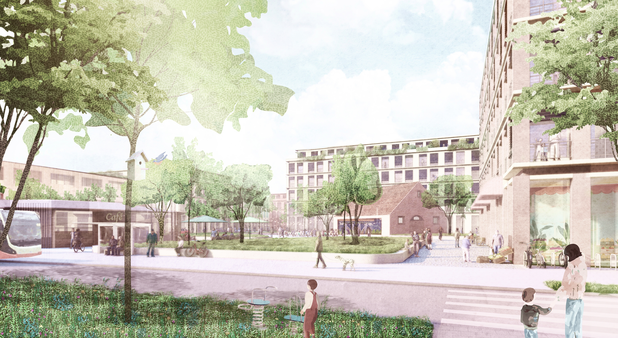 Fußgängerperspektive auf das geplante Quartier an der Steinfurter Straße