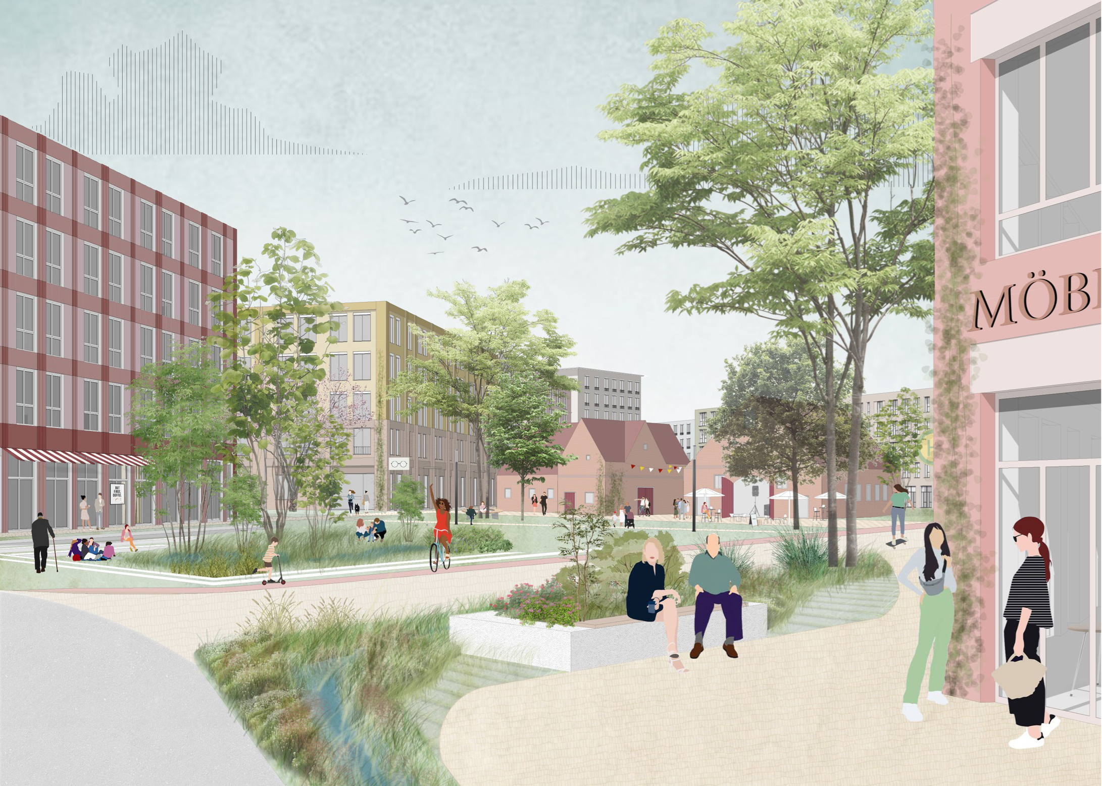 Fußgängerperspektive auf das geplante Quartier an der Steinfurter Straße