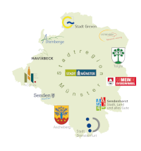 Logo der Stadtregion: Umriss des Gebiets mit den Logos der beteiligten Städte und Gemeinden