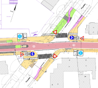 Der Plan zeigt die geänderte Verkehrsführung am Knotenpunkt Piusallee nach Umbau des Bohlwegs zur Fahrradstraße 2.0: Der Bohlweg wird bevorrechtigt, sodass die Lichtsignalanlagen abgebaut werden, für KFZ besteht auf dem Bohlweg ein Abbiege-Gebot
