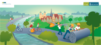 Illustriertes Kanalpromenaden-Motiv: Bauarbeitende "rollen" sprichwörtlich den Asphalt aus, Zufußgehende und Radfahrende folgen