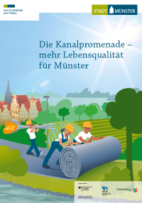 Cover der Projektbroschüre mit dem illustrierten Titelbild: Bauarbeitende rollen den Asphalt aus