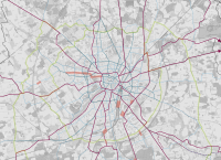 Karte zeigt Münsteraner Stadtgebiet mit den drei Netzebenen Velo-, Haupt- und Basisroute