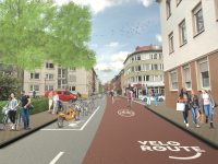 Mithilfe der Visualisierung wird verdeutlicht, wie die Schillerstraße als Fahrradstraße 2.0 aussehen kann: Durch eine rote Fahrbahneinfärbung ist die Fahrradstraße deutlich zu erkennen. Damit Begegnungsverkehre sicher möglich sind, ist nur noch einseitig Kfz- oder Fahrradparken möglich.