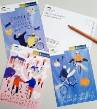 drei verschiedene Postkartenmotive mit bunten Illustrationen zum Radfahren