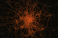 Die ersten Ergebnisse des Fahrradtrackings: eine Heatmap zeigt das Stadtgebiet Münsters, die gefahrenen Wege im Rahmen der Kampagne sind orange eingefärbt; Titel: Dein AppGrade für Münsters Fahrradwege