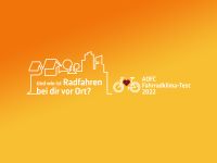 Logo des ADFC-Fahrradklimatests für 2022: Stadtsilhouette auf orangenem Grund. Text: Und wie ist Radfahren in deiner Stadt?