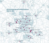 Es ist eine Karte von Münster "Umsetzungsprogramm Mobilstationen 2026 bis 2030" abgebildet. Dort sind die 31 Standorte eingezeichnet, an denen die Mobilstationen entstehen sollen. Sprakel Bahnhof, Haltepunkt Zentrum Nord, Handorf Mitte, Kanalstraße/Lublinring, Mauritz-Mitte, St.-Michalel-Kirche, P+R Coesfelder Kreuz, Zumsandestraße, Roxel Hallenbad und Roxel Bahnhof, Oxoford 1, 2 und 3, Bahnhof Halle Münsterland WLE, Metzer Platz, P+R Weseler Straße, Meckmannweg, Albachten Bahnhof, Mecklenbeck B