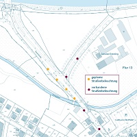 Abgebildet ist eine Karte, auf der dargestellt ist, dass westlich von Emmerbachbrücke vier adaptive Straßenlaternen installiert werden.