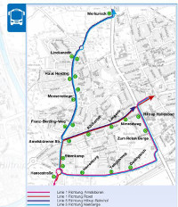 Stadtplanausschnitt mit Markierung der Buslinien und Haltestellen