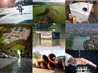 Neun Fotos zeigen, wo und wie Abwasser entsteht: ein Kind fährt mit dem Rad durch eine Pfütze, Blick auf eine grüne Wiesen mit Bäumen und einem Fluss, die Hauptkläranlage von oben, Regenwasser fließt in einer Regenrinne entlang, ein Betonbauwerk für Regenwasser wird mit Hilfe eines Krans im Erdreich eingebaut, der Aasee von oben ...