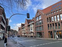 Rechts und links im Bild steht jeweils eine Person auf dem Bürgersteig und warten an einer Ampelanlage. Daneben im Bild Häuserallee und mittig die Straße.