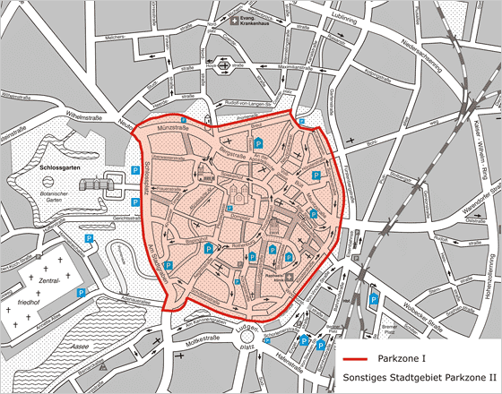 Stadtplanausschnitt mit Markierung der Parkzone 1