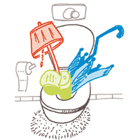 Zeichnung: Toilette, aus der eine Stehlampe, ein Regenschirm und Müll ragen