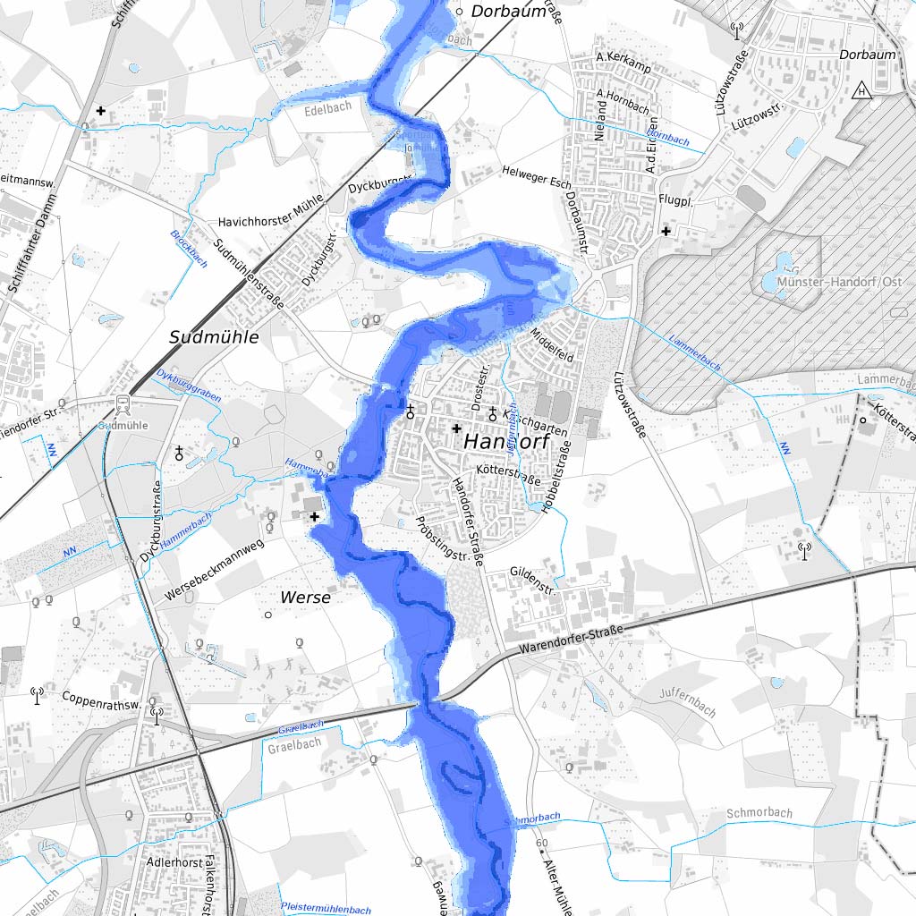 Hochwassergefahrenkarte: Stadtplanausschnitt mit farblicher Markierung der Überflutungsbereiche