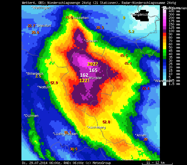 Karte, die mit farbigen Flächen die Niederschlagsmenge in Münster und Umgebung am 28./29. Juli 2014 anzeigt.