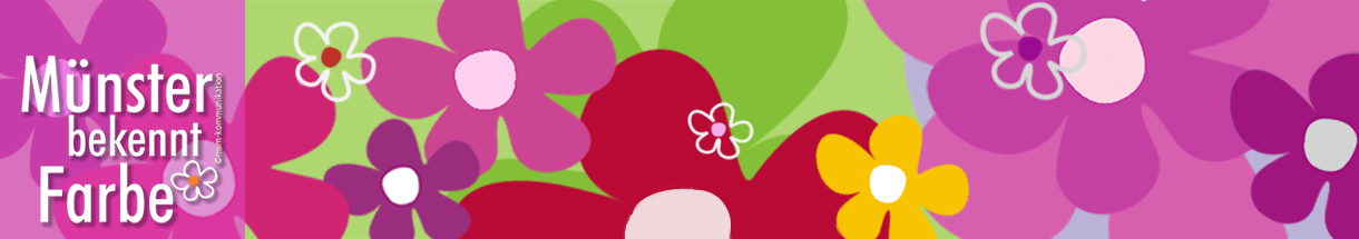 Blüten in rosa bis dunkelrot auf grünem Hintergrund, darüber der Schriftzug 'Münster bekennt Farbe'