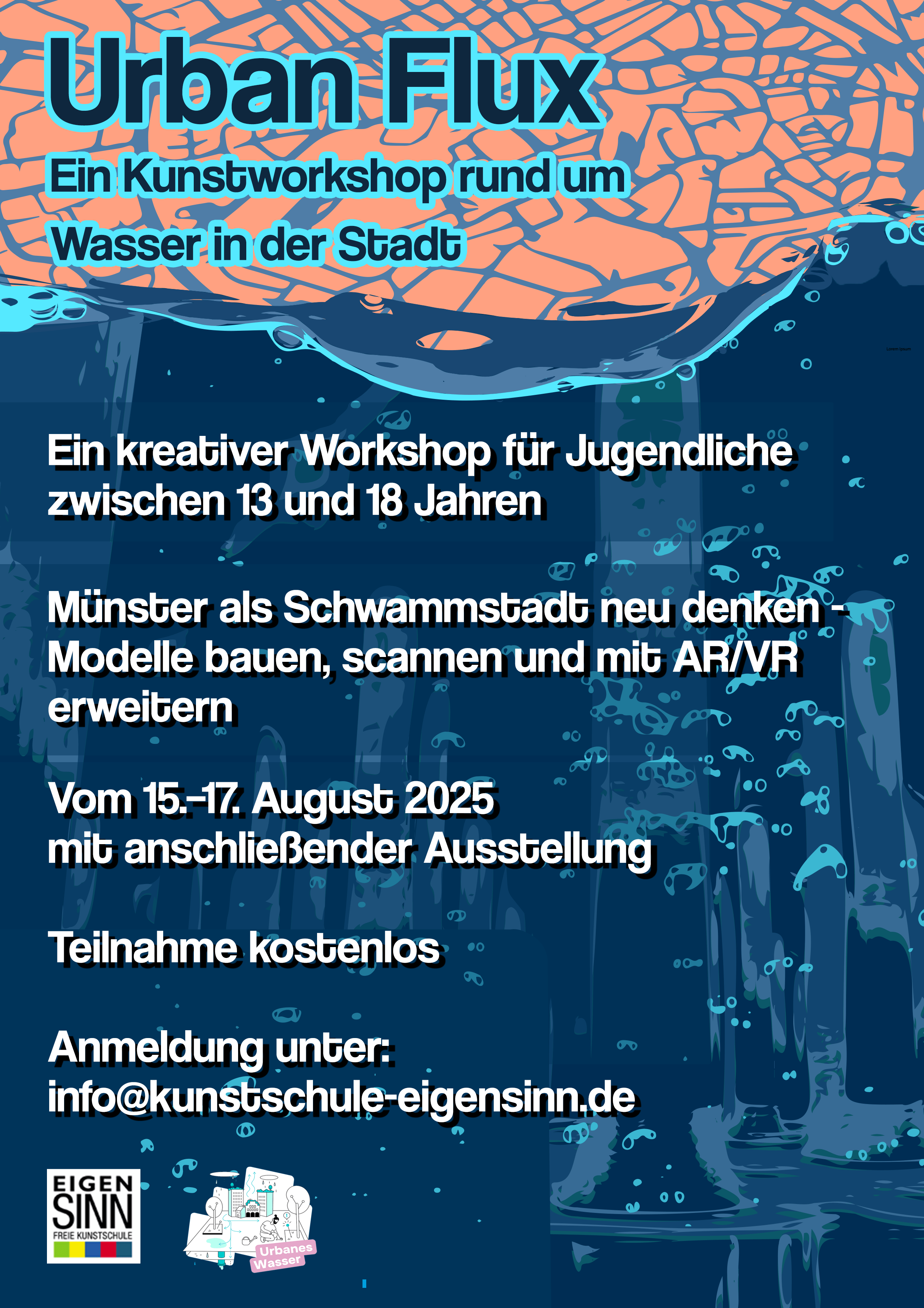 Workshop-Einladung mit blauem HIntergrund und einer Grafik, die eine Schwammstadt symobilisert