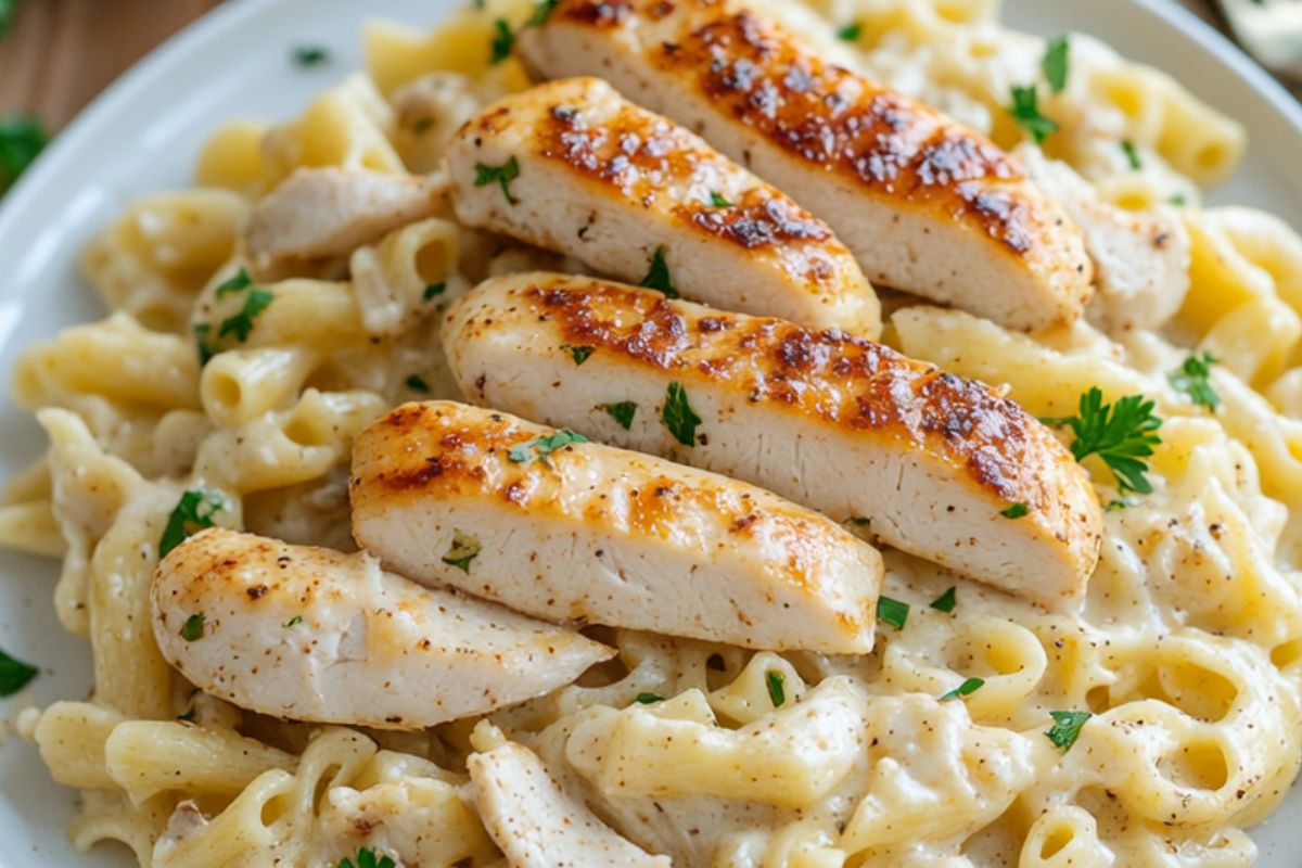 KI-generierte Mangold-Nudelpfanne mit Hähnchenstreifen