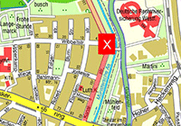Stadtplanausschnitt mit Markierung des neuen Regenwasserpumpwerks Stadtplanausschnitt mit Markierung des neuen Regenwasserpumpwerks