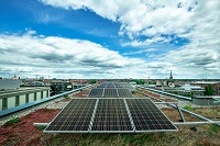 Begrüntes Dach mit Solaranlagen mitten in Münster.